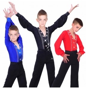 Boys kids royal blue red black pink competition latin ballroom dance shirts modern salsa waltz tango modern dance leotard tops 